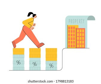 Mortgage concept. Monthly annuity payments for home mortgage. Woman goes to her goal vector illustration.