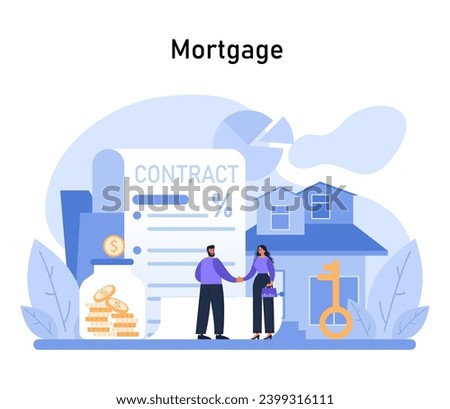 Mortgage concept. People finalizing a house contract with key visuals of property, agreement, and stacked coins. Partnership in homeownership. Flat vector illustration.