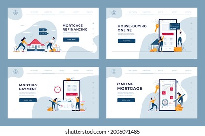 Mortgage Concept Set For Landing, Homepage. House-buying, Monthly Payment, Online Loan Contract Signing, Mortgage Refinancing. Collection Of Web Page Templates For Web Design. Flat Vector Illustration