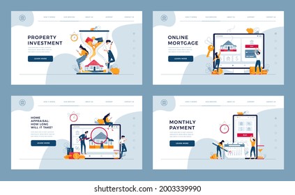 Mortgage concept templates set for website and mobile website design, development. Property investment, online mortgage, home appraisal, loan monthly payment, banking concept. Flat vector illustration