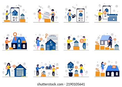 Mortgage concept with tiny people scenes set in flat design. Bundle of men and women receive bank loan to buy house or apartment, contracting, pay online every month. Vector illustration for web