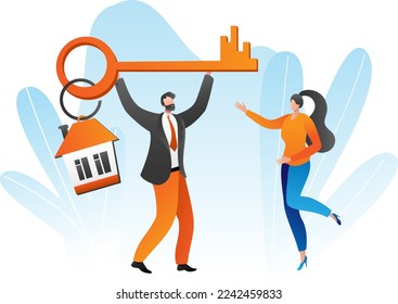 Mortgage concept vector illustration. Flat people man woman character get cash banking loan for buying house, financial agreement