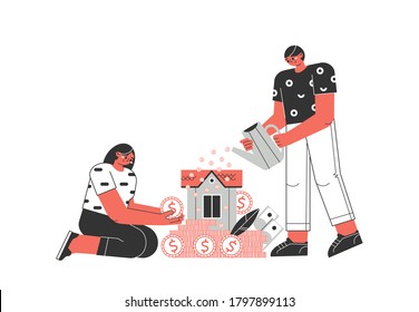 Mortgage concept. A young couple invests money in their homes, in real estate. Profitable mortgages. The dream of her home.