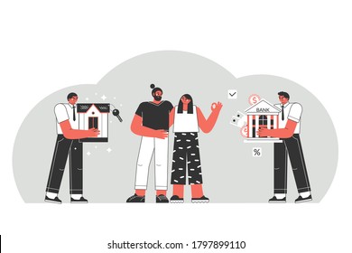 Mortgage concept. A young couple selects a mortgage to buy a dream home. Vector characters are thinking of taking a loan from a bank.
