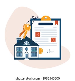 Concepto de contrato hipotecario. Contrato de documento de tipo de interés hipotecario firmado con sello bancario y claves de vivienda. Ilustración vectorial en estilo plano