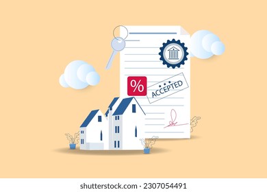 Mortgage contract concept. Signed Mortgage Rate Document agreement with bank stamp and house keys.vector illustration.