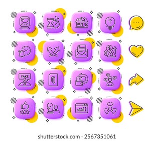 Mortgage, Conversation messages and Alarm clock line icons. App 3d buttons. Social media comment, share, like icons. Pack of Cash back, Intersection arrows, Attachment icon. Vector