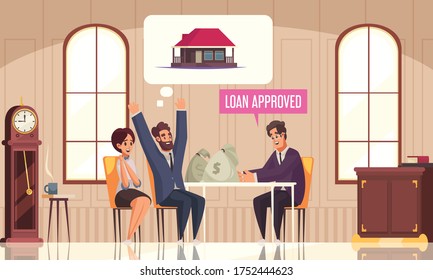 Mortgage Credit Family Composition With Bank Branch Interior Agent And Happy Couple Getting Money For Loan Vector Illustration