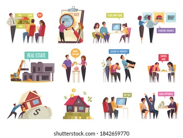 Mortgage credit family set with isolated icons of houses contracts and characters of agents with clients vector illustration