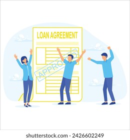 Mortgage or credit form with stamp approved and happy person jumping behind flat style design vector illustration.Hand holds loan approval application paper sheets document.