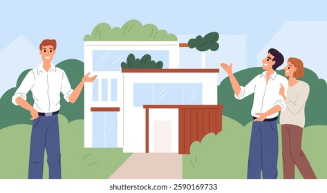 Mortgage credit service. Broker selects housing options for married couple. Family choosing and buying house. Rent and sale. Realtor showing residential building. Garish