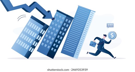 Crisis hipotecaria, concepto. Crisis de deuda inmobiliaria o inmobiliaria que causa efecto dominó, la vivienda o los activos de inversión caen, el pánico del empresario inversor huye del colapso de la vivienda dominó. Vector