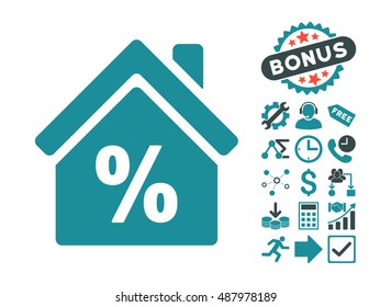 Mortgage Discount icon with bonus icon set. Vector illustration style is flat iconic bicolor symbols, soft blue colors, white background.