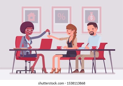 Mortgage for a family in a bank. Young man and woman making an agreement, lending money to get own property in debt, owners receiving new apartment keys. Vector flat style cartoon illustration