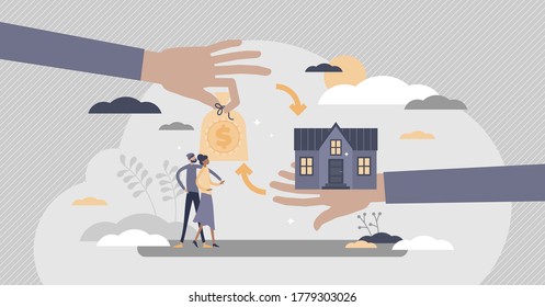 Mortgage financial bank instrument for new family house flat tiny persons concept. Couple loan for real estate purchase vector illustration. Abstract key exchange and agreement process visualization.