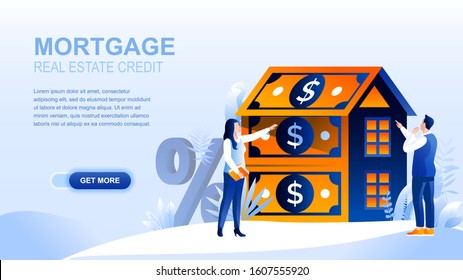 Mortgage flat landing page with header, banner vector template. Loan to buy real property, real estate, housing, accomodation website layout. People cartoon characters, house made of dollar banknotes