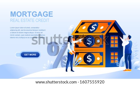 Mortgage flat landing page with header, banner vector template. Loan to buy real property, real estate, housing, accomodation website layout. People cartoon characters, house made of dollar banknotes