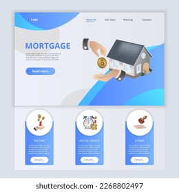 Mortgage flat landing page website template. Income, installments, stamp. Web banner with header, content and footer. Vector illustration.