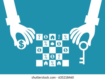 Mortgage as a game. Vector illustrations for business  with hands