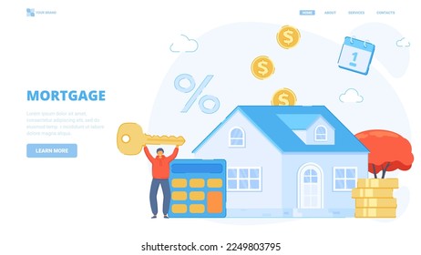 Mortgage, get credit, buy house, apartment, real estate, get loan. Design concept for landing page. Flat vector illustration with tiny characters for website, banner, hero image.