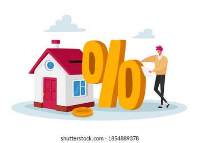 Mortgage and Home Buying Concept. Tiny Male Character with Huge Percent Symbol Stand at Cottage House with Golden Coin. Man Take Bank Loan for Purchasing Real Estate. Cartoon Vector Illustration