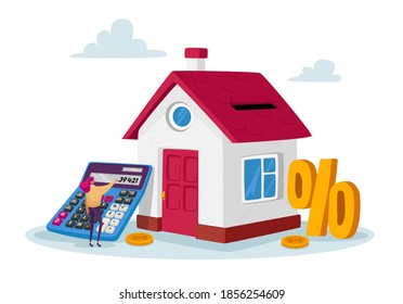 Mortgage and Home Buying Concept. Tiny Female Character with Huge Calculator and Percent Symbol at House with Golden Coins Calculate Bank Loan for Purchasing Real Estate. Cartoon Vector Illustration