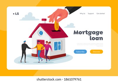 Mortgage and Home Buying Landing Page Template. Realtor Selling House to Couple Buying Home. Manager Male Character Make Deal with Owner of Giving Key for New House. Cartoon People Vector Illustration