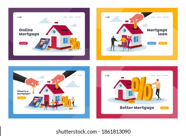 Mortgage and Home Buying Landing Page Template Set. Tiny Characters at Huge Cottage House with Human Hand put Golden Coin in Slot at Roof, Woman Calculate Payment. Cartoon People Vector Illustration