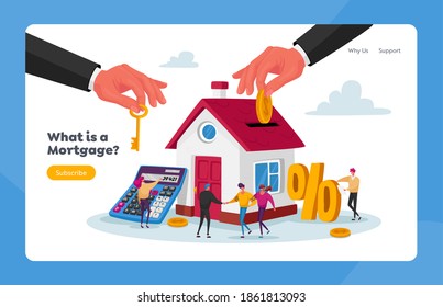 Mortgage and Home Buying Landing Page Template. Tiny Characters at Huge Cottage House with Human Hand put Golden Coin in Slot at Roof, Woman Calculate Payment. Cartoon People Vector Illustration