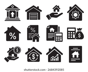 Ícone sólido de hipoteca e financiamento para casa definido para empréstimo imobiliário mostrando símbolo de dólar e outros símbolos para investimento imobiliário e bancário