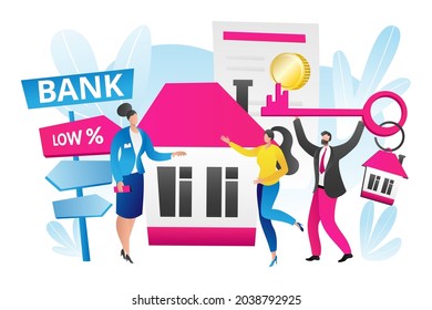 Mortgage for home property concept, vector illustration, flat man character hold key for house real estate, woman agent worker stand near building