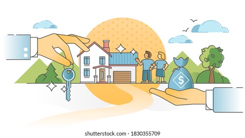 Mortgage home purchase with money and key exchange process outline concept. Couple property ownership after bank loan and broker offer accept vector illustration. Investment decision moment scene.
