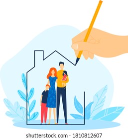 Mortgage house for family, hand draw home property, vector illustration. Housing loan, real estate investment for mother father man woman child character. Residential protection symbol.