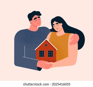 Mortgage, house insurance, relocation concept. Happy young couple buying a new apartment, investing in real estate, purchasing a property. Family moving into a home. Isolated flat vector illustration