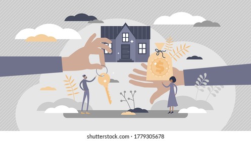 Mortgage As House Property Exchange For Loan Process Flat Tiny Persons Concept. Bank Agreement For Real Estate Purchase Financial Support Vector Illustration. Buy New Home With Money Abstract Scene.