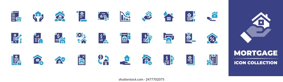 Mortgage icon collection. Duotone color. Vector illustration. Containing insurance, mortgage, housedeeds, discount, legaldocument, contract, loan, house, home, deed.