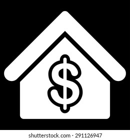 Mortgage icon from Commerce Set. Vector style: flat symbol, white color, rounded angles, black background.