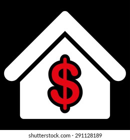 Mortgage icon from Commerce Set. Vector style: bicolor flat symbol, red and white colors, rounded angles, black background.