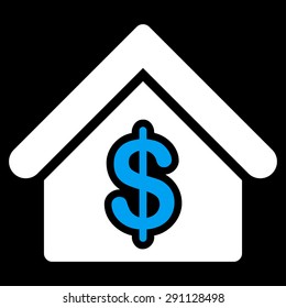 Mortgage icon from Commerce Set. Vector style: bicolor flat symbol, blue and white colors, rounded angles, black background.