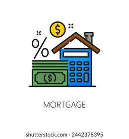 Icono de hipoteca para la compra de bienes raíces o alquiler de apartamentos de casa, línea de color vectorial. Préstamo hipotecario de propiedad residencial para compra o alquiler de vivienda, icono de esquema de casa y dinero con calculadora por ciento