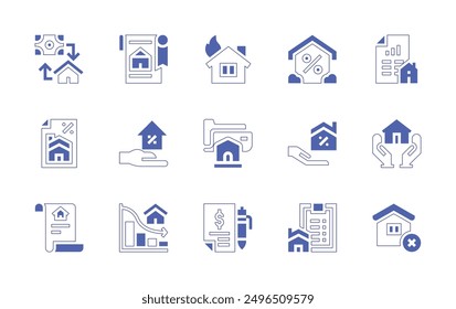 Mortgage icon set. Duotone style line stroke and bold. Vector illustration. Containing mortgage, contract, loan, house, home, insurance, deed, clipboard, dwelling, taxes.