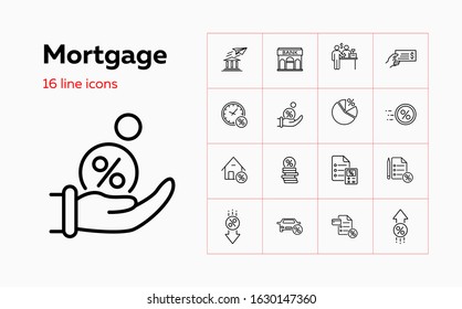 Mortgage icon set. Set of line icons on white background. Credit and money concept. Bank, credit, mortgage, money. Vector illustration can be used for topics like banking, investment, credit