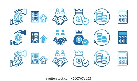 MORTGAGE icon set with multiple style loan, property estate, agreement, asset, repayment and calculate