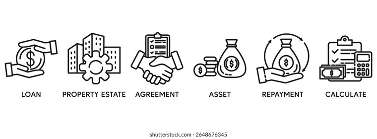 Mortgage icon set vector illustration concept relate to loan, property estate, agreement, asset, repayment and calculate