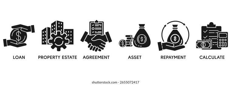 Mortgage icon set vector illustration concept relate to loan, property estate, agreement, asset, repayment and calculate