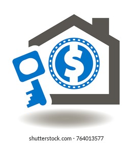 Mortgage Icon Vector.  House Dollar Coin Key Illustration. Real Estate Agency House Buy Business Logo. Family Home Buying Symbol.