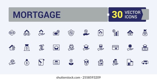 Mortgage icons set in line style. Containing savings, ui, rise, time, fund, house, percentage and more. Isolated icons design. Solid line editable stroke. Vector line and solid icons.