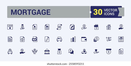 Mortgage icons set in line style. Containing savings, ui, rise, time, fund, house, percentage and more. Isolated icons design. Solid line editable stroke. Vector line and solid icons.