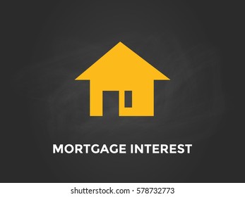 Mortgage interest white text illustration with yellow silhouette of a house and black background