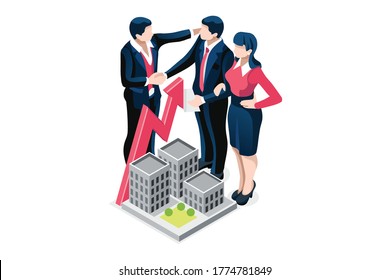 Mortgage to invest, characters and real estate property, loan on real estate to buy. Character and agent for invest on rent, mortgage concept or rent. Agent buying loan, people's property. Vector.